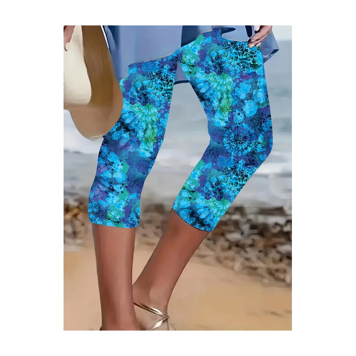 Women Abstract Capris Elastic Waist Pants Casual Summer Trousers