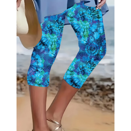 Women Abstract Capris Elastic Waist Pants Casual Summer Trousers