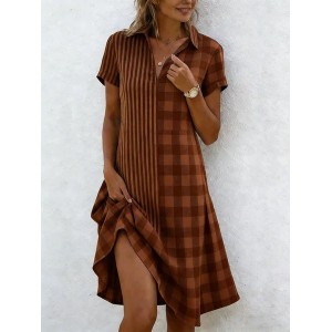 Women Striped Short Sleeve Shawl Collar Dress Daily Casual Midi Shirt Dress A-Line All Season Dress