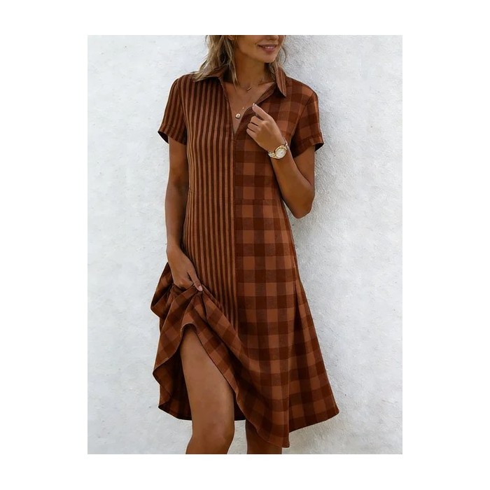 Women Striped Short Sleeve Shawl Collar Dress Daily Casual Midi Shirt Dress A-Line All Season Dress