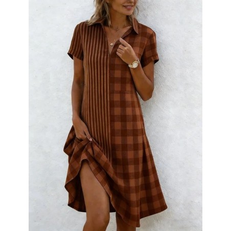 Women Striped Short Sleeve Shawl Collar Dress Daily Casual Midi Shirt Dress A-Line All Season Dress