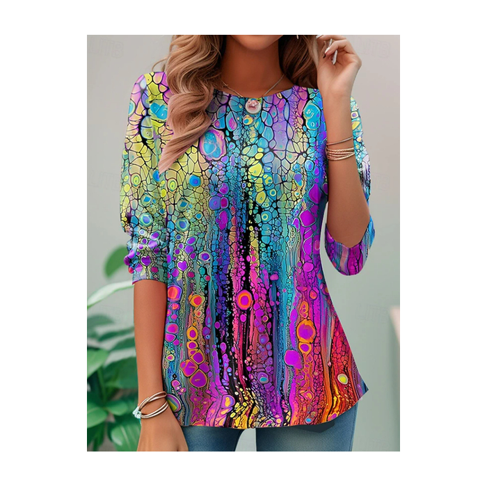 Women Abstract Long Sleeve Tee T-shirt Crew Neck Printing Casual Tunic Spring/Fall Top