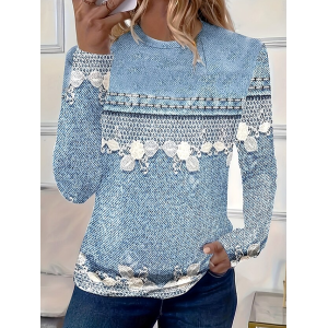 Women Faux Denim Print Graphic Long Sleeve Tee T-shirt Crew Neck Printing Casual Graphic Tee Spring/Fall Top