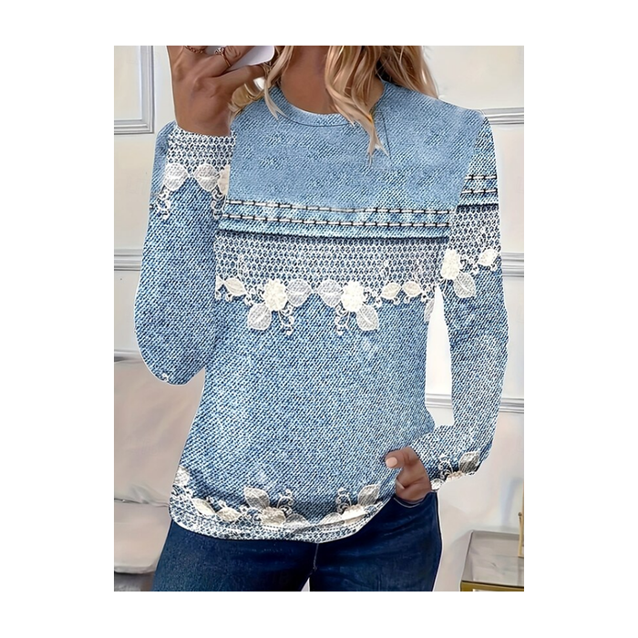 Women Faux Denim Print Graphic Long Sleeve Tee T-shirt Crew Neck Printing Casual Graphic Tee Spring/Fall Top