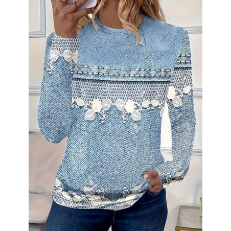 Women Faux Denim Print Graphic Long Sleeve Tee T-shirt Crew Neck Printing Casual Graphic Tee Spring/Fall Top