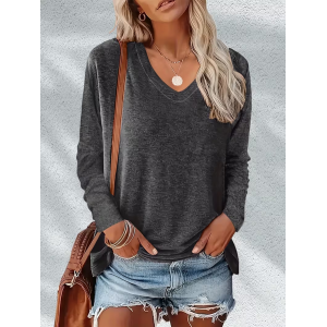 Women Plain Long Sleeve Tee T-shirt V Neck Printing Casual Spring/Fall Graphic Tee Top