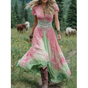 Women Floral Short Sleeve V Neck Dress Vacation Vintage Maxi A-Line Summer Dress