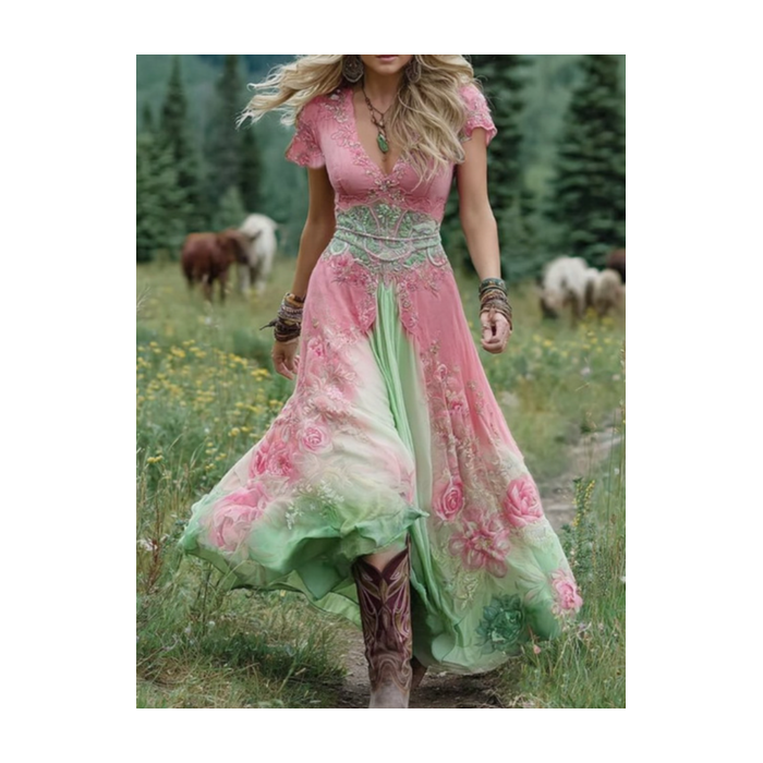 Women Floral Short Sleeve V Neck Dress Vacation Vintage Maxi A-Line Summer Dress