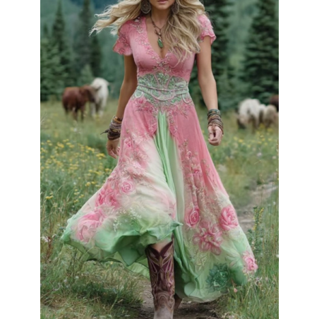 Women Floral Short Sleeve V Neck Dress Vacation Vintage Maxi A-Line Summer Dress