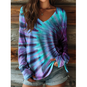 Women Abstract Long Sleeve Tee T-shirt V Neck Printing Casual Graphic Tee Spring/Fall Top