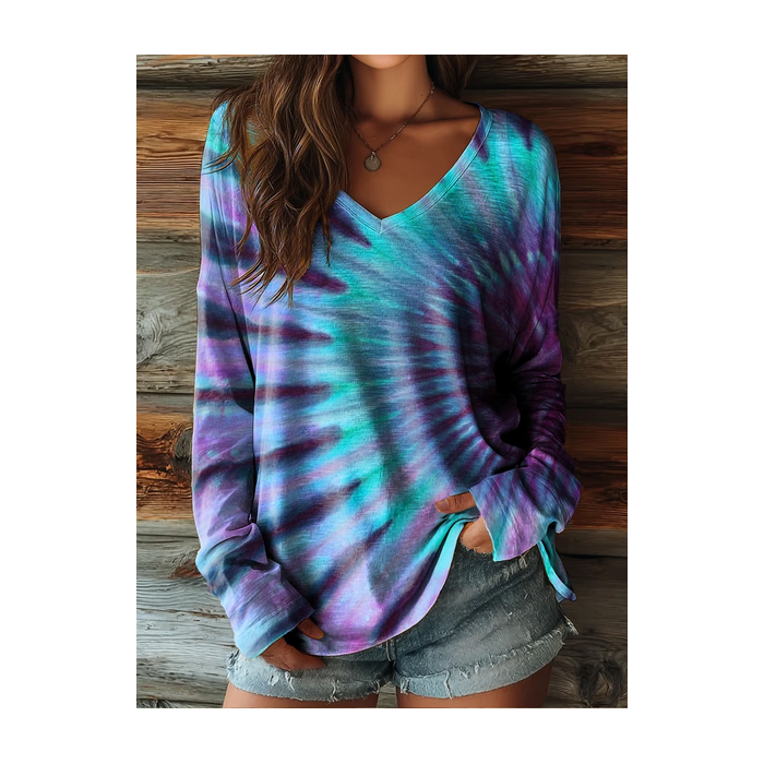 Women Abstract Long Sleeve Tee T-shirt V Neck Printing Casual Graphic Tee Spring/Fall Top