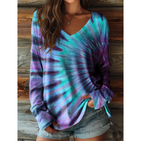 Women Abstract Long Sleeve Tee T-shirt V Neck Printing Casual Graphic Tee Spring/Fall Top