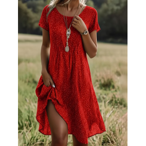 Women Polka Dots Short Sleeve Summer Printing Dress Crew Neck Daily Casual Mini Tunic H-Line Dress