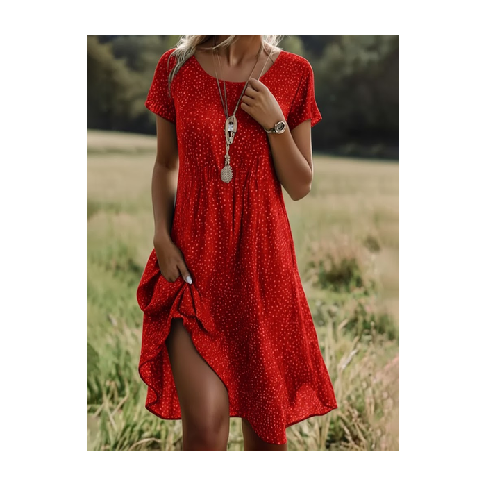 Women Polka Dots Short Sleeve Summer Printing Dress Crew Neck Daily Casual Mini Tunic H-Line Dress