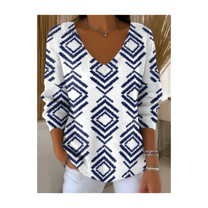 Women Abstract Long Sleeve Tee T-shirt V Neck Printing Casual Spring/Fall Top