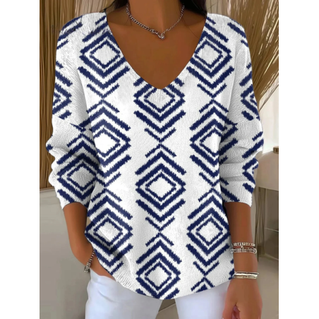 Women Abstract Long Sleeve Tee T-shirt V Neck Printing Casual Spring/Fall Top