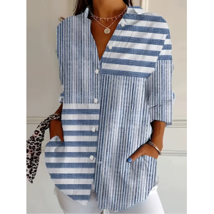 Women Striped Shirt Collar Long Sleeve Shirt Buckle Regular Sleeve Casual Daily Spring/Fall Top