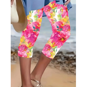 Women Floral Capris Elastic Waist Pants Casual Summer Trousers