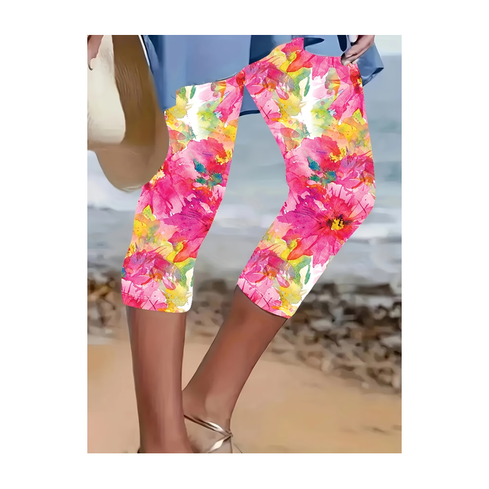 Women Floral Capris Elastic Waist Pants Casual Summer Trousers