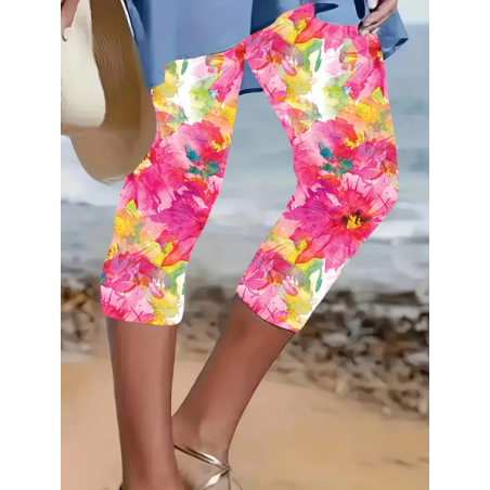 Women Floral Capris Elastic Waist Pants Casual Summer Trousers