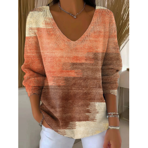 Women Abstract Long Sleeve Tee T-shirt V Neck Printing Casual Spring/Fall Top