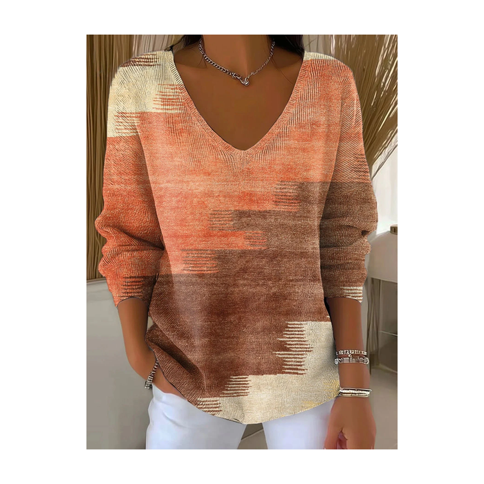 Women Abstract Long Sleeve Tee T-shirt V Neck Printing Casual Spring/Fall Top