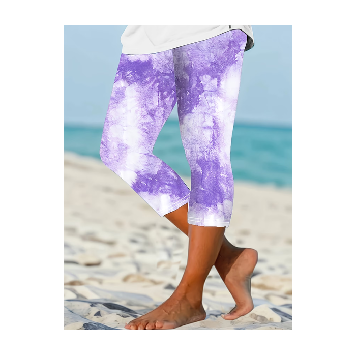 Women Tie-Dye Pattern Capris Elastic Waist Pants Casual Summer Trousers