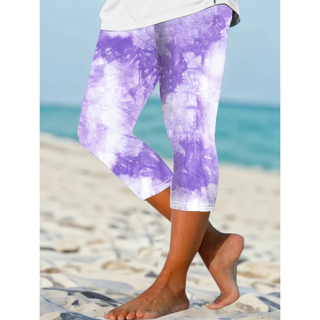 Women Tie-Dye Pattern Capris Elastic Waist Pants Casual Summer Trousers