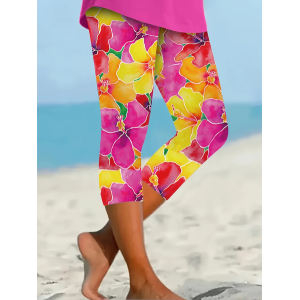 Women Floral Capris Elastic Waist Pants Casual Summer Trousers