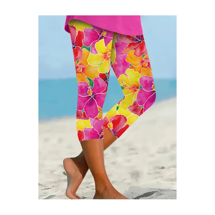 Women Floral Capris Elastic Waist Pants Casual Summer Trousers