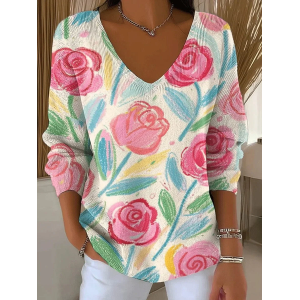 Women Floral Long Sleeve Tee T-shirt V Neck Printing Casual Spring/Fall Top