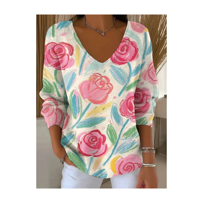 Women Floral Long Sleeve Tee T-shirt V Neck Printing Casual Spring/Fall Top
