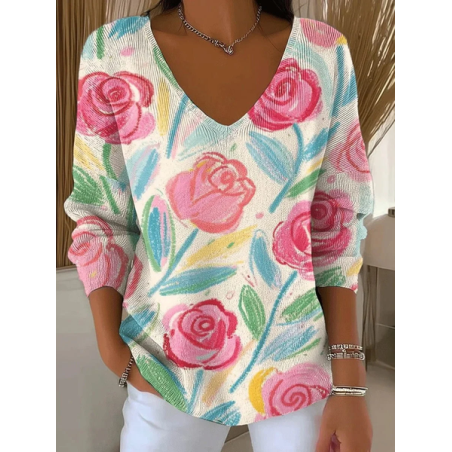 Women Floral Long Sleeve Tee T-shirt V Neck Printing Casual Spring/Fall Top