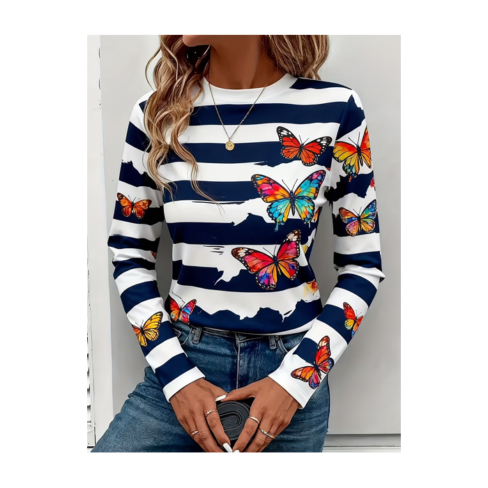 Women Striped Long Sleeve Tee T-shirt Crew Neck Printing Casual Graphic Tee Spring/Fall Top