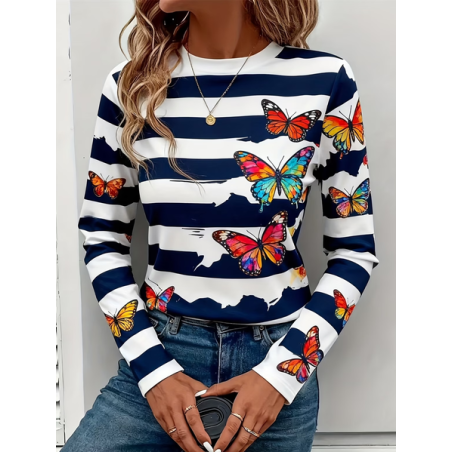Women Striped Long Sleeve Tee T-shirt Crew Neck Printing Casual Graphic Tee Spring/Fall Top