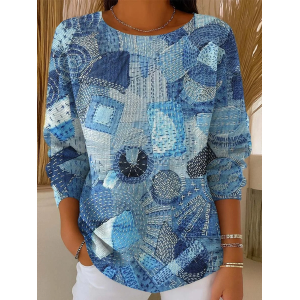 Women Faux Denim Print Graphic Printing Casual Long Sleeve Crew Neck Spring/Fall Sweater