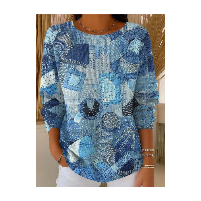 Women Faux Denim Print Graphic Printing Casual Long Sleeve Crew Neck Spring/Fall Sweater