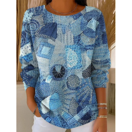Women Faux Denim Print Graphic Printing Casual Long Sleeve Crew Neck Spring/Fall Sweater