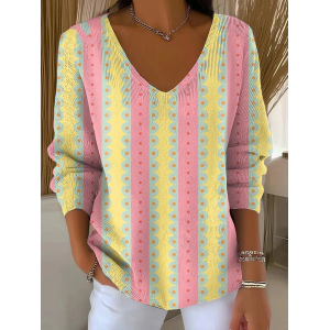 Women Abstract Long Sleeve Tee T-shirt V Neck Printing Casual Spring/Fall Top