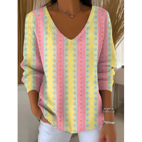 Women Abstract Long Sleeve Tee T-shirt V Neck Printing Casual Spring/Fall Top