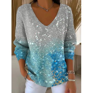 Women Abstract Long Sleeve Tee T-shirt V Neck Printing Casual Spring/Fall Top