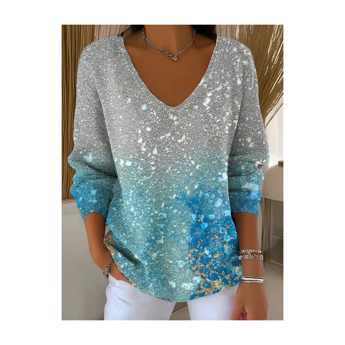 Women Abstract Long Sleeve Tee T-shirt V Neck Printing Casual Spring/Fall Top