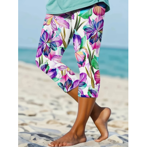 Women Floral Capris Elastic Waist Pants Casual Summer Trousers