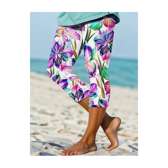 Women Floral Capris Elastic Waist Pants Casual Summer Trousers