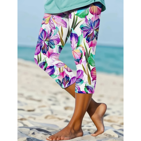Women Floral Capris Elastic Waist Pants Casual Summer Trousers