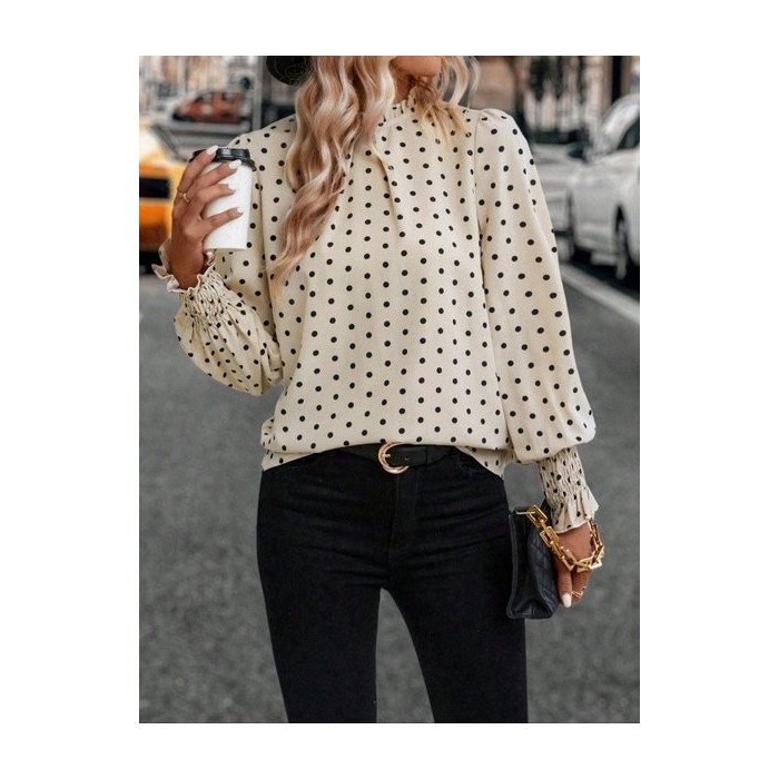 Women Polka Dots Lotus Leaf Collar Long Sleeve Shirt Gathered Petal Sleeve Casual Daily Spring/Fall Top
