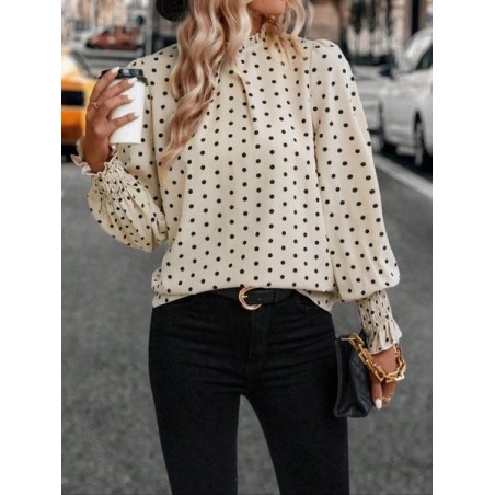 Women Polka Dots Lotus Leaf Collar Long Sleeve Shirt Gathered Petal Sleeve Casual Daily Spring/Fall Top