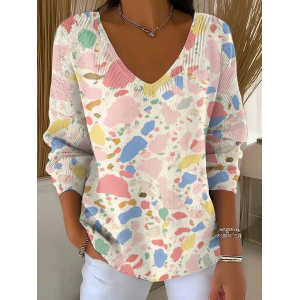 Women Abstract Long Sleeve Tee T-shirt V Neck Printing Casual Spring/Fall Top