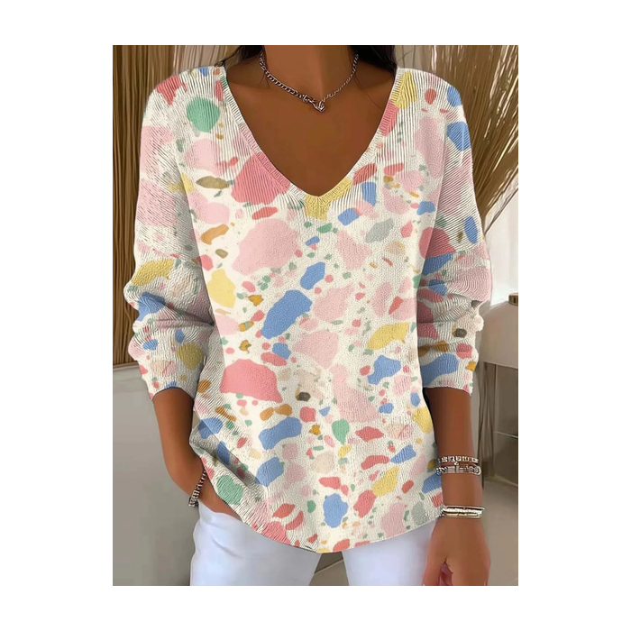 Women Abstract Long Sleeve Tee T-shirt V Neck Printing Casual Spring/Fall Top