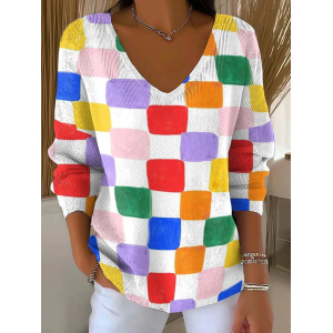 Women Abstract Long Sleeve Tee T-shirt V Neck Printing Casual Spring/Fall Top